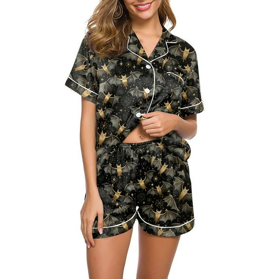 WTOBBY Women's Casual Halloween Pajama Set Loose Fit Short Sleeve Top with Elastic Waist Shorts Printed Two-Piece Sleepwear Home Lounge Wear Outfit,Dark Green S
