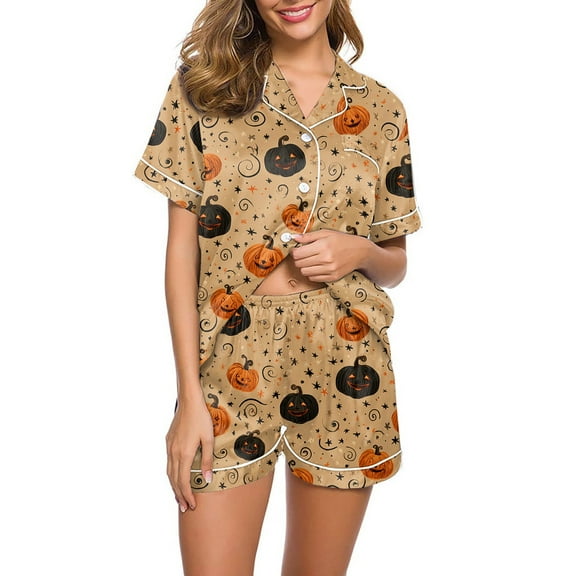 WTOBBY Women's Casual Halloween Pajama Set Loose Fit Short Sleeve Top with Elastic Waist Shorts Printed Two-Piece Sleepwear Home Lounge Wear Outfit,Khaki S