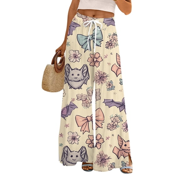WTOBBY Women's Casual Halloween Print Elastic Waist Drawstring Pockets Wide Leg Straight Trousers, Seasonal Novelty Comfort Pants,Khaki L