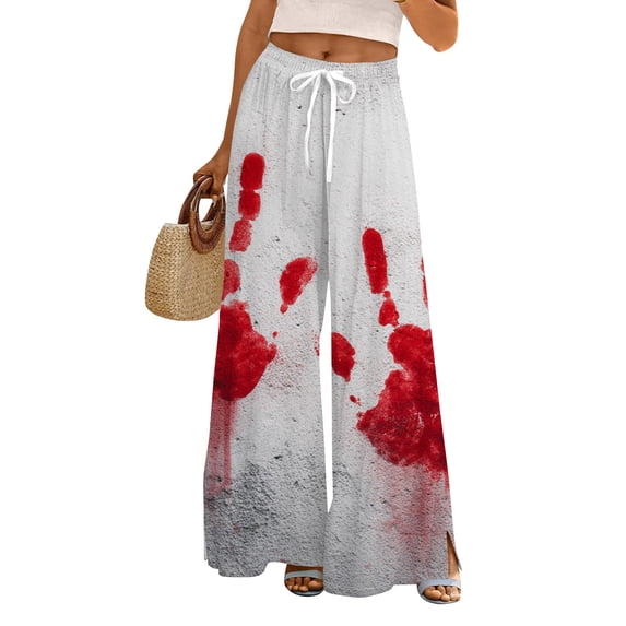 WTOBBY Women's Casual Halloween Print Elastic Waist Drawstring Pockets Wide Leg Straight Trousers, Seasonal Novelty Comfort Pants,Light Gray L