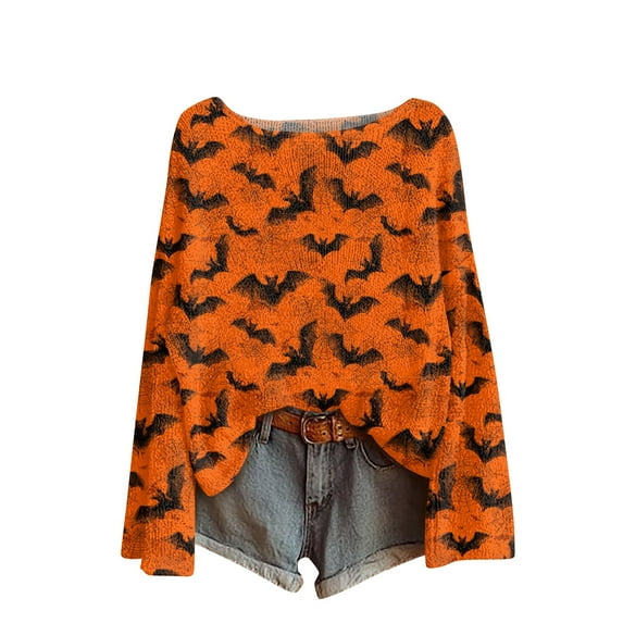 WTOBBY Women's Casual Halloween Themed T-Shirt with Long Sleeves and Round Neck, Retro Printed Design for Stylish Outfits, Ideal for Fall and Comfort Wear,Orange XL