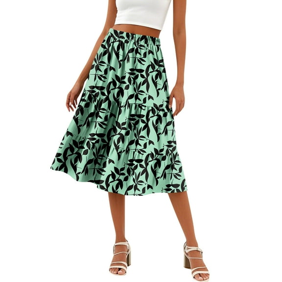 WTOBBY Women's Casual High Waist A-Line Skirt with Floral Print and Pockets, Polka Dot Stripe Design Skirt for Bohemian Style, Elastic Waist for Comfort,Mint Green L