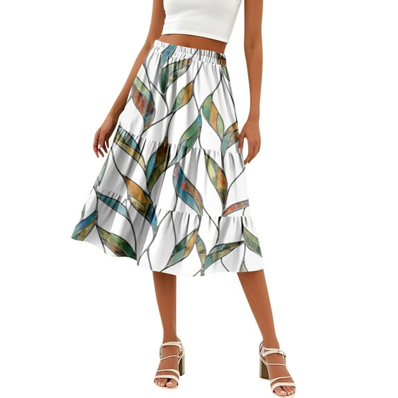 WTOBBY Women's Casual High Waist A-Line Skirt with Polka Dot Retro Print and Pockets, Flowy Maxi Skirt for Daily Boho Wear, Elastic Waist Design for Comfort,White M