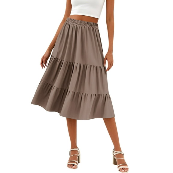 WTOBBY Women's Casual High Waist Drawstring A-line Solid Color Skirt with Pockets, Flowy Maxi Design for Everyday Wear, Bohemian Style Elastic Waist Skirt,Brown S
