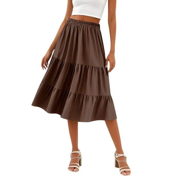 WTOBBY Women's Casual High Waist Drawstring A-line Solid Color Skirt with Pockets, Flowy Maxi Design for Everyday Wear, Bohemian Style Elastic Waist Skirt,Coffee M