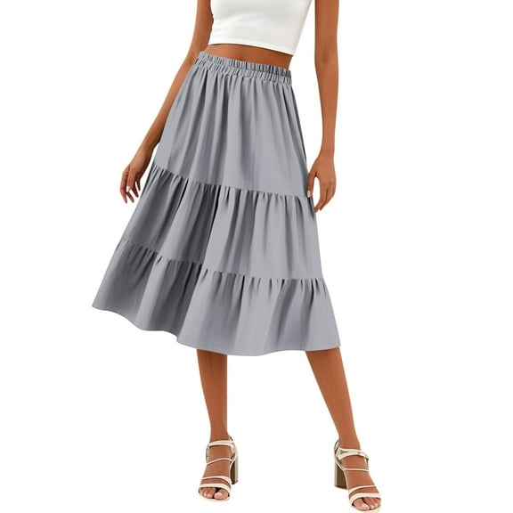 WTOBBY Women's Casual High Waist Drawstring A-line Solid Color Skirt with Pockets, Flowy Maxi Design for Everyday Wear, Bohemian Style Elastic Waist Skirt,Gray L