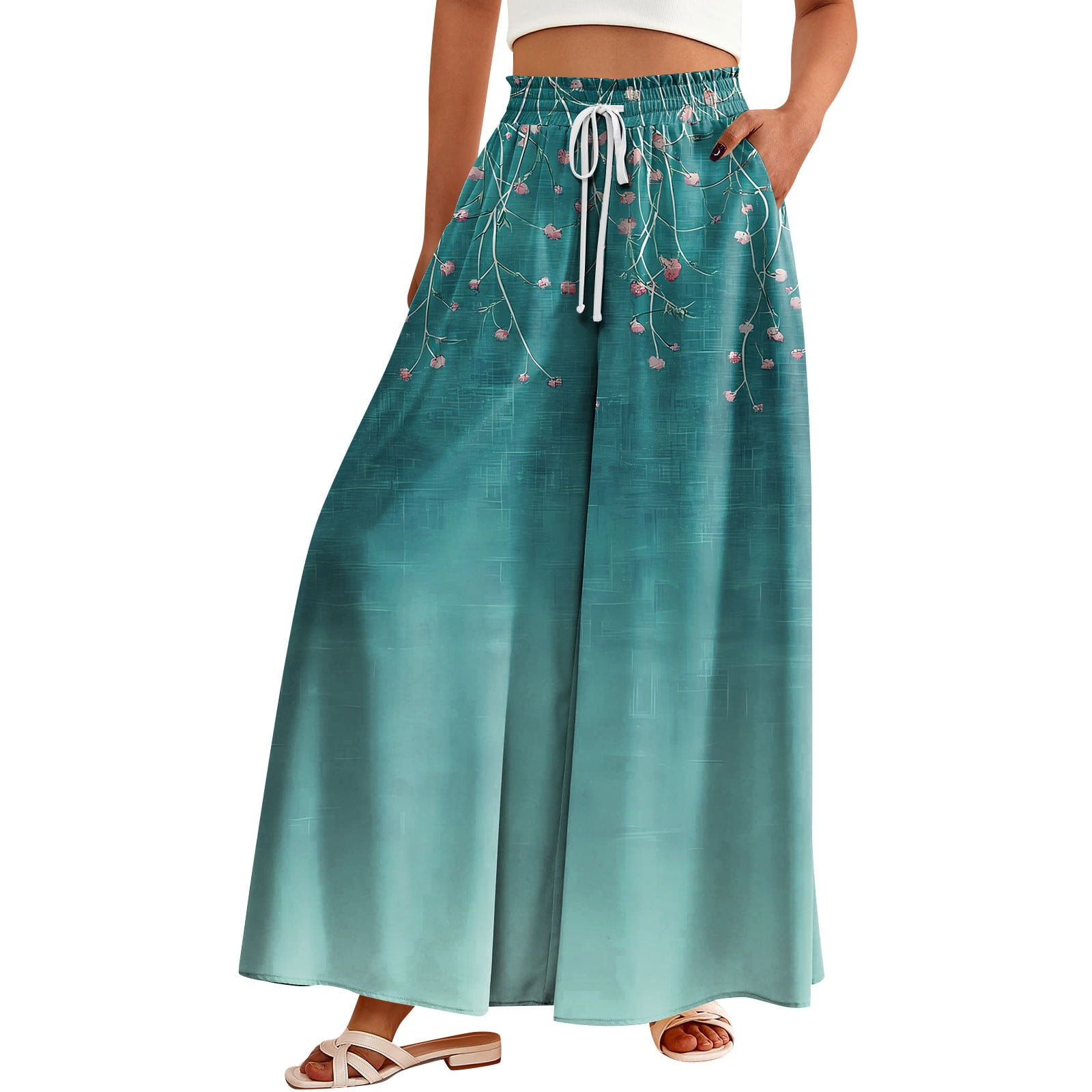 WTOBBY Women's Casual High Waisted Wide Leg Pants with Pockets ...