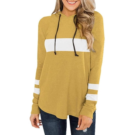 WTOBBY Women's Casual Hooded Top with Patchwork Design, Long Sleeves for Comfortable Loose Fit, Fashionable and Warm, Ideal for Outdoor Activities and Relaxed Wear,Yellow L