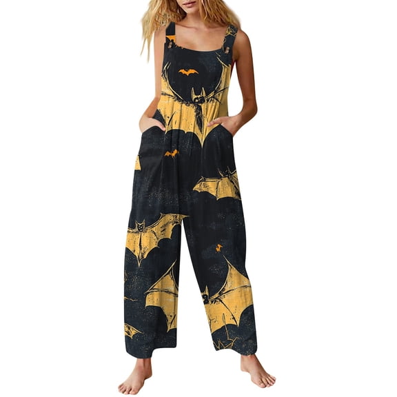 WTOBBY Women's Casual Jumpsuit in Sleeveless Cotton with Halloween Printed Design, Comfortable Fit for Everyday Use, Great for Festive and Casual Occasions,YellowS