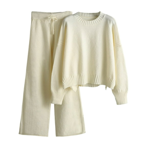 WTOBBY Women's Casual Knit Sweater and Wide Leg Pants Two-Piece Set, Loose Fit Comfortable Lounge Wear Outfit for Fall Winter, Fashionable Tracksuit with Soft Touch,Beige One Size