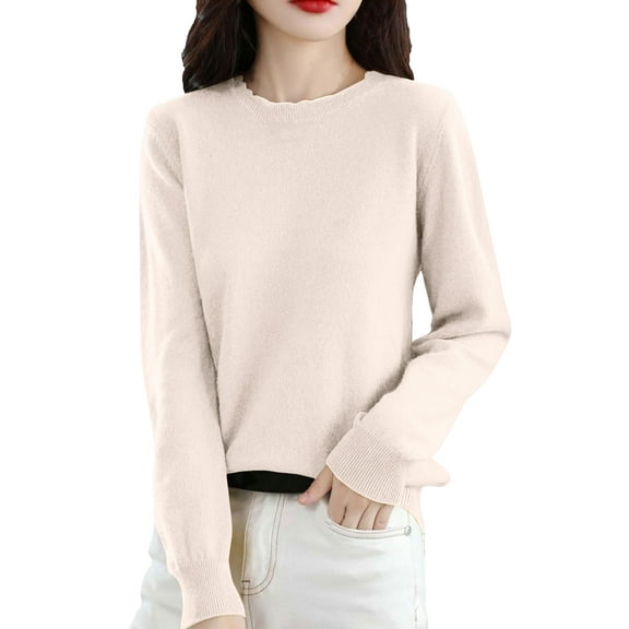 WTOBBY Women's Casual Lace Round Neck Base Layer Sweater, Knitted Long Sleeve Solid Color Top with Decorative Lace, Elegant and Comfortable Wear,Beige M
