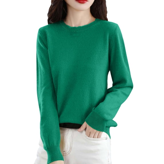 WTOBBY Women's Casual Lace Round Neck Base Layer Sweater, Knitted Long Sleeve Solid Color Top with Decorative Lace, Elegant and Comfortable Wear,Green L
