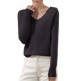 thumbnail image 1 of WTOBBY Women's Casual Lace V-Neck Base Layer Sweater, Knitted Long Sleeve Solid Color Top with Feminine Details, Ideal for Layering and Style,Black 2XL, 1 of 5
