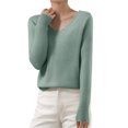 thumbnail image 1 of WTOBBY Women's Casual Lace V-Neck Base Layer Sweater, Knitted Long Sleeve Solid Color Top with Feminine Details, Ideal for Layering and Style,Light Green M, 1 of 5