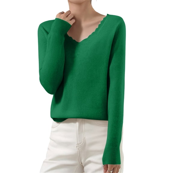 WTOBBY Women's Casual Lace V-Neck Base Layer Sweater, Knitted Long Sleeve Solid Color Top with Feminine Details, Ideal for Layering and Style,Green L