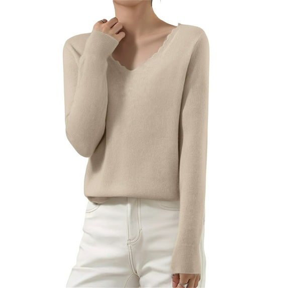 WTOBBY Women's Casual Lace V-Neck Base Layer Sweater, Knitted Long Sleeve Solid Color Top with Feminine Details, Ideal for Layering and Style,Khaki M