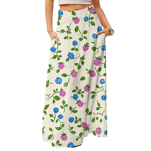 WTOBBY Women's Casual Leisure Foldable Floral Print High Waist Skirt with Functional Pocket, Draped Relaxed Long Maxi Skirt for Vacation Getaways and Sightseeing,Fluorescent Green L