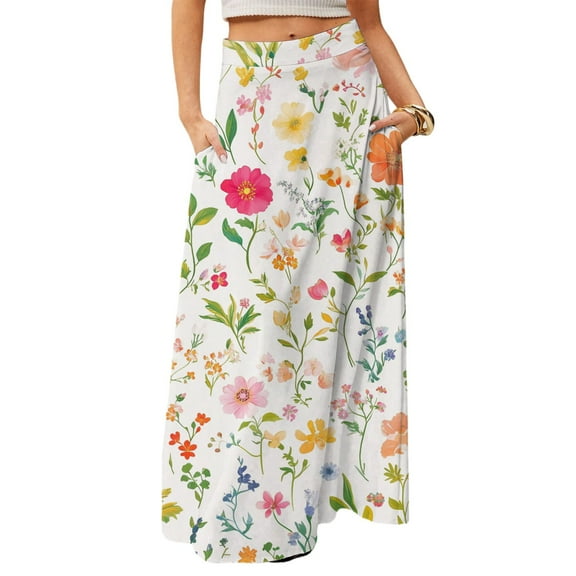 WTOBBY Women's Casual Leisure Foldable Floral Print High Waist Skirt with Functional Pocket, Draped Relaxed Long Maxi Skirt for Vacation Getaways and Sightseeing,Hot Pink L