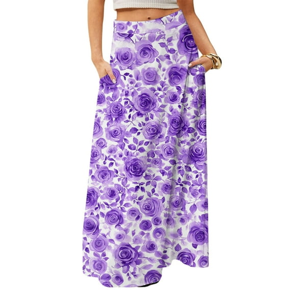 WTOBBY Women's Casual Leisure Foldable Floral Print High Waist Skirt with Functional Pocket, Draped Relaxed Long Maxi Skirt for Vacation Getaways and Sightseeing,Purple L