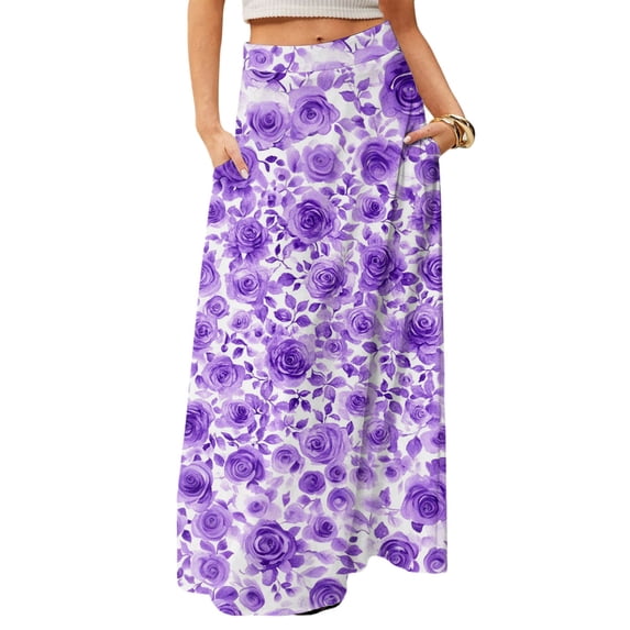 WTOBBY Women's Casual Leisure Foldable Floral Print High Waist Skirt with Functional Pocket, Draped Relaxed Long Maxi Skirt for Vacation Getaways and Sightseeing,Purple S