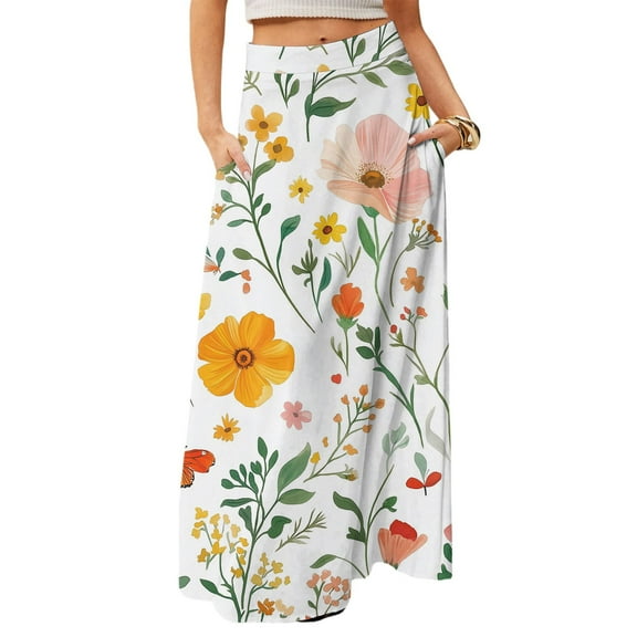 WTOBBY Women's Casual Leisure Foldable Floral Print High Waist Skirt with Functional Pocket, Draped Relaxed Long Maxi Skirt for Vacation Getaways and Sightseeing,Pink L