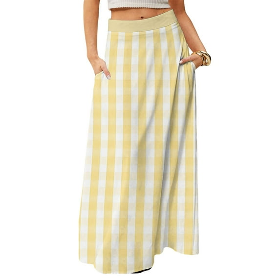WTOBBY Women's Casual Leisure Foldable Striped Plaid Print High Waist Skirt with Hidden Pocket, Draped Relaxed Long Maxi Skirt for Travel Packing and Adventures,Yellow S