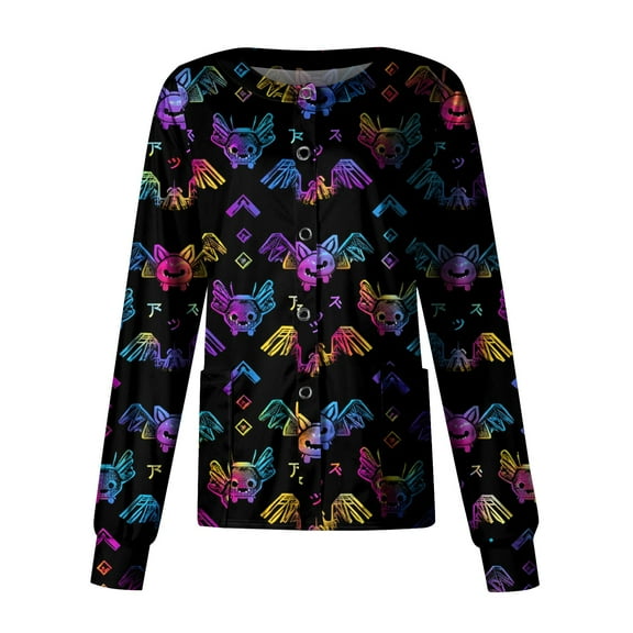 WTOBBY Women's Casual Long Sleeve Single Breasted Halloween Printed Nurse Uniform Top for Workwear - Comfortable Medical Apparel with Button Front Closure and Daily Use,Navy S