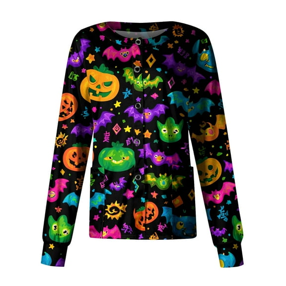 WTOBBY Women's Casual Long Sleeve Single Breasted Halloween Printed Nurse Uniform Top for Workwear - Comfortable Medical Apparel with Button Front Closure and Daily Use,Green S