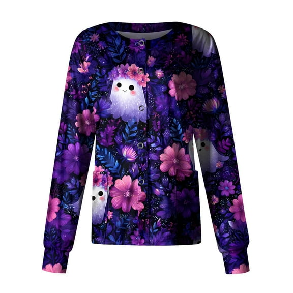 WTOBBY Women's Casual Long Sleeve Single Breasted Halloween Printed Nurse Uniform Top for Workwear - Comfortable Medical Apparel with Button Front Closure and Daily Use,Purple S