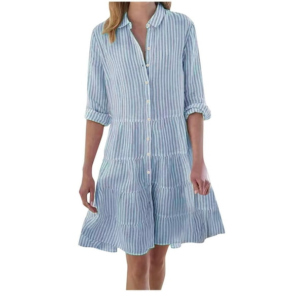 WTOBBY Women's Casual Long Sleeve Striped Print Lapel Shirt Dress with Button Details for Fashion Parties Everyday Wear and Office Outfits Stylish Comfortable Dress,Sky Blue S