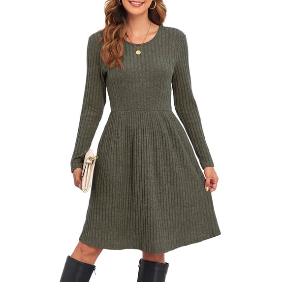 WTOBBY Women's Casual Long-Sleeved Loose Solid-Color Dress - Simple and Comfortable Dress for Everyday Use, Featuring a Relaxed Fit and Pure Color Design,Army Green L