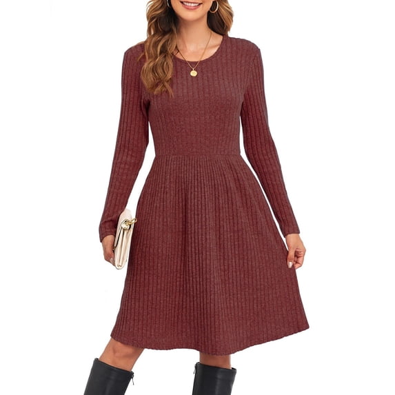 WTOBBY Women's Casual Long-Sleeved Loose Solid-Color Dress - Simple and Comfortable Dress for Everyday Use, Featuring a Relaxed Fit and Pure Color Design,Wine S
