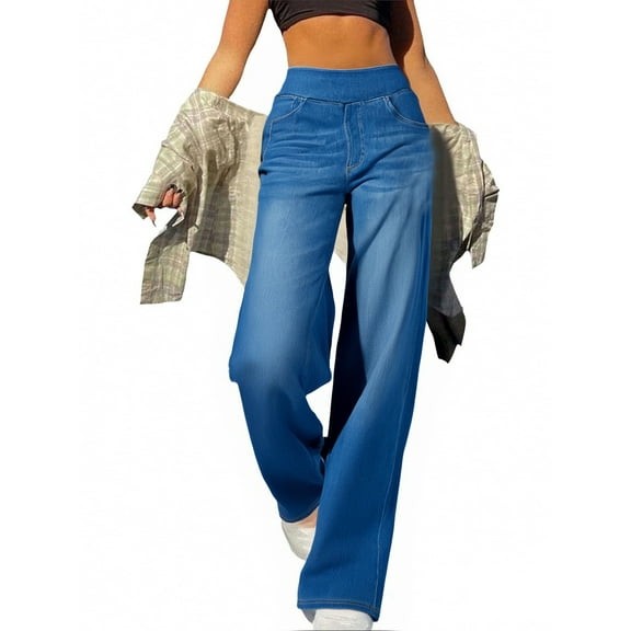 WTOBBY Women's Casual Loose Comfortable Solid Color Wide-Leg Jeans, High Waist Stretch Denim Trousers Fashionable Streetwear Pants for Ladies,Royal Blue XL