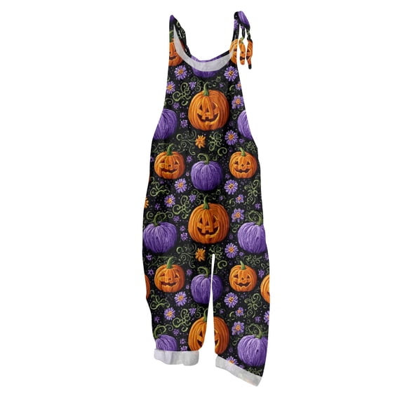 WTOBBY Women's Casual Loose Fit Vintage Jumpsuit with Halloween Bat Print, Cotton Linen Blend Fabric and Shoulder Strap Design for Retro Style Comfort,Dark Purple3XL
