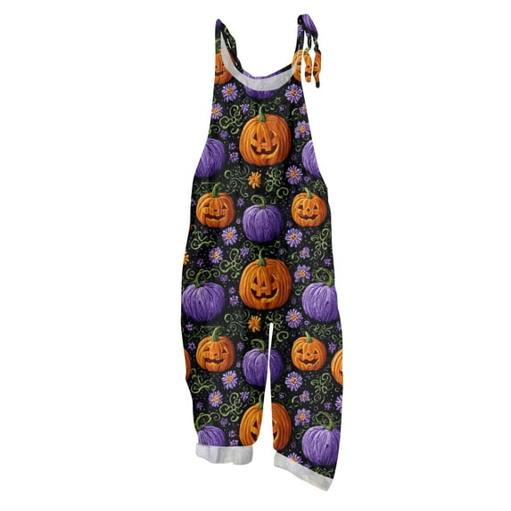 WTOBBY Women's Casual Loose Fit Vintage Jumpsuit with Halloween Bat Print, Cotton Linen Blend Fabric and Shoulder Strap Design for Retro Style Comfort,Dark PurpleXL