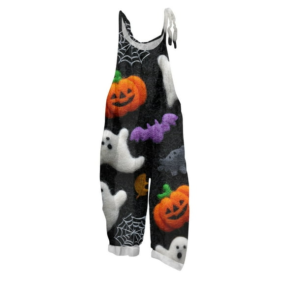 WTOBBY Women's Casual Loose Fit Vintage Jumpsuit with Halloween Bat Print, Cotton Linen Blend Fabric and Shoulder Strap Design for Retro Style Comfort,Multicolor3XL