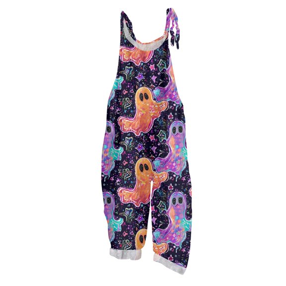 WTOBBY Women's Casual Loose Fit Vintage Jumpsuit with Halloween Bat Print, Cotton Linen Blend Fabric and Shoulder Strap Design for Retro Style Comfort,PurpleS