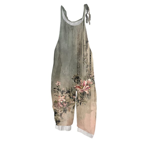 WTOBBY Women's Casual Loose Retro Jumpsuit with Butterfly Print, Cotton Linen Blend Fabric and Shoulder Straps for Comfortable Stylish Outfits,Mint GreenM