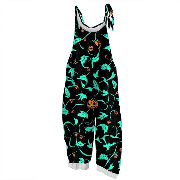 WTOBBY Women's Casual Loose Retro Jumpsuit with Halloween Print, Suspenders in Cotton and Linen Fabric, Adjustable for a Comfortable and Stylish Fit,Cyan2XL