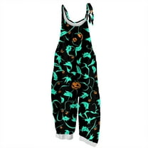 WTOBBY Women's Casual Loose Retro Jumpsuit with Halloween Print, Suspenders in Cotton and Linen Fabric, Adjustable for a Comfortable and Stylish Fit,CyanL