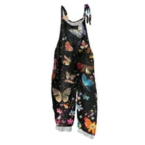 WTOBBY Women's Casual Loose Retro Jumpsuit with Butterfly Print, Cotton Linen Blend Fabric and Shoulder Straps for Comfortable Stylish Outfits,BlackL
