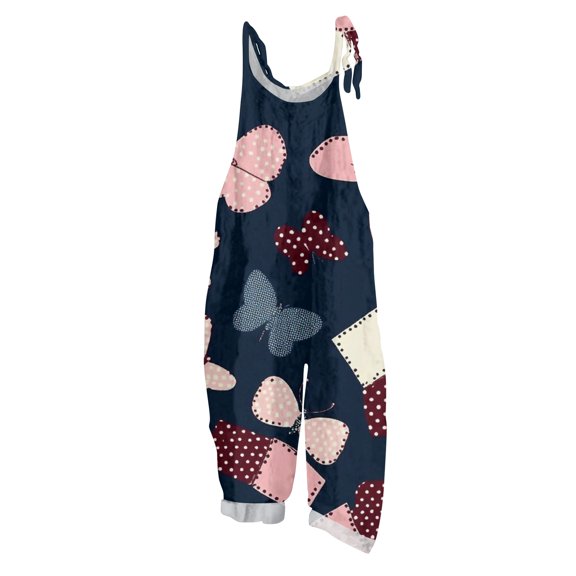 WTOBBY Women's Casual Loose Retro Jumpsuit with Butterfly Print, Cotton Linen Blend Fabric and Shoulder Straps for Comfortable Stylish Outfits,GreenL