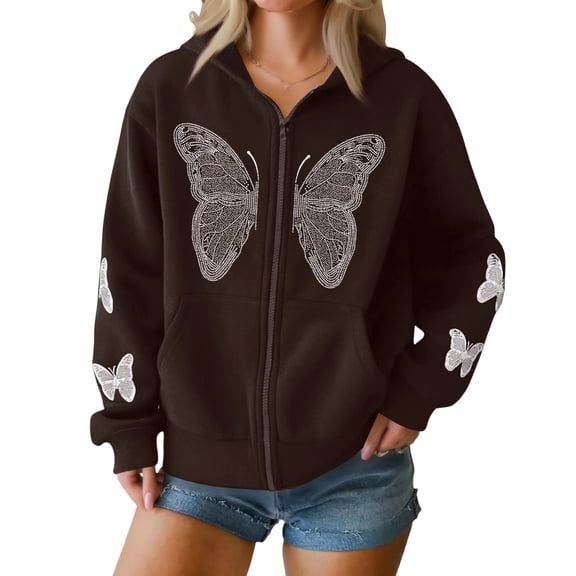 WTOBBY Women's Casual Loose Winter Butterfly Zipper Hooded Long Sleeve Pocket Jacket, Comfortable and Fashionable Outerwear with Unique Zipper Design,Coffee 2XL