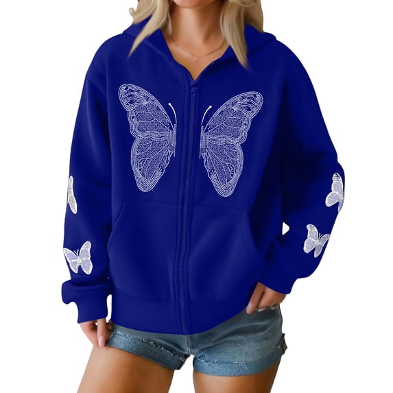 WTOBBY Women's Casual Loose Winter Butterfly Zipper Hooded Long Sleeve Pocket Jacket, Comfortable and Fashionable Outerwear with Unique Zipper Design,Royal Blue M
