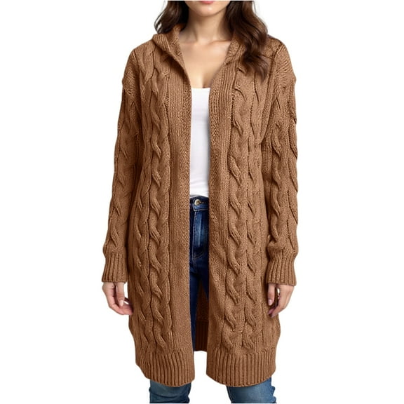 WTOBBY Women's Casual Mid-Length Solid Color Cable Hooded Knitted Cardigan Sweater Jacket, Comfortable and Warm Pullover for Everyday Relaxed Style,Light Brown 2XL