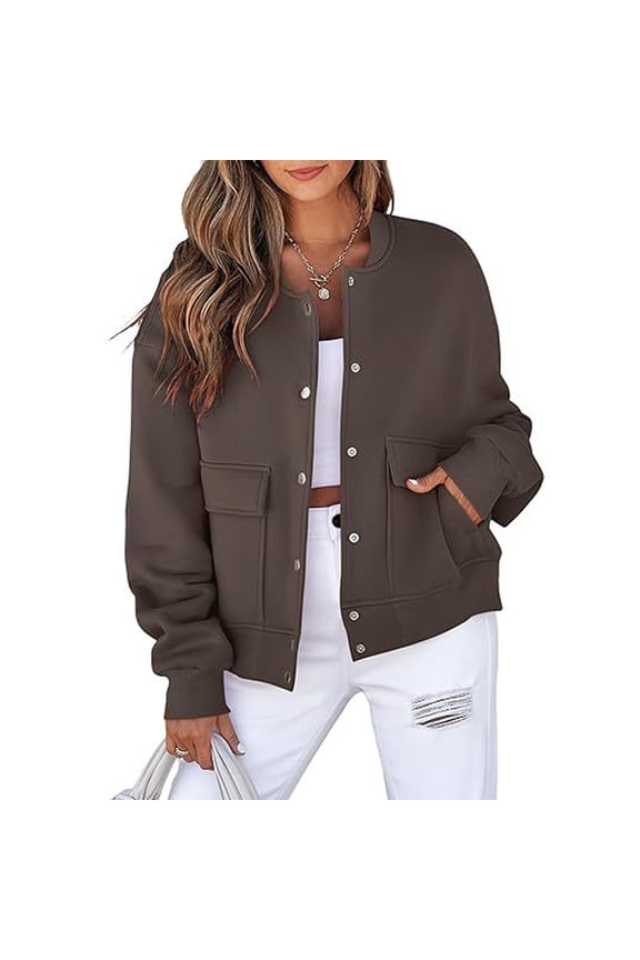 Women's Casual Neck Long Sleeve Jacket with Pockets, Simple Coat Style for Daily Wear, Versatile and Comfortable Outerwear,Brown S