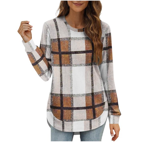 WTOBBY Women's Casual Oversized Plaid Long Sleeve Round Neck Asymmetric Hem Base Layer Top, Relaxed Fit Shirt for Layering and Everyday Outfits,Coffee L