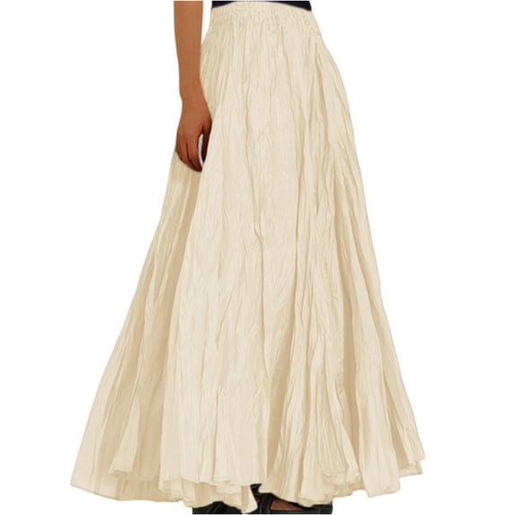 WTOBBY Women's Casual Pleated Solid Color Maxi Skirt A-Line Floor Length Skirt High Waist Flowy Swishy Long Skirt with Elastic Waist for Bohemian Style,Beige L