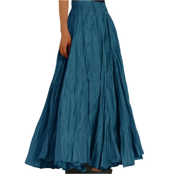 WTOBBY Women's Casual Pleated Solid Color Maxi Skirt A-Line Floor Length Skirt High Waist Flowy Swishy Long Skirt with Elastic Waist for Bohemian Style,Blue XL