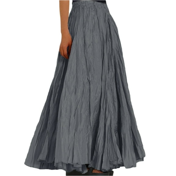 WTOBBY Women's Casual Pleated Solid Color Maxi Skirt A-Line Floor Length Skirt High Waist Flowy Swishy Long Skirt with Elastic Waist for Bohemian Style,Dark Gray M